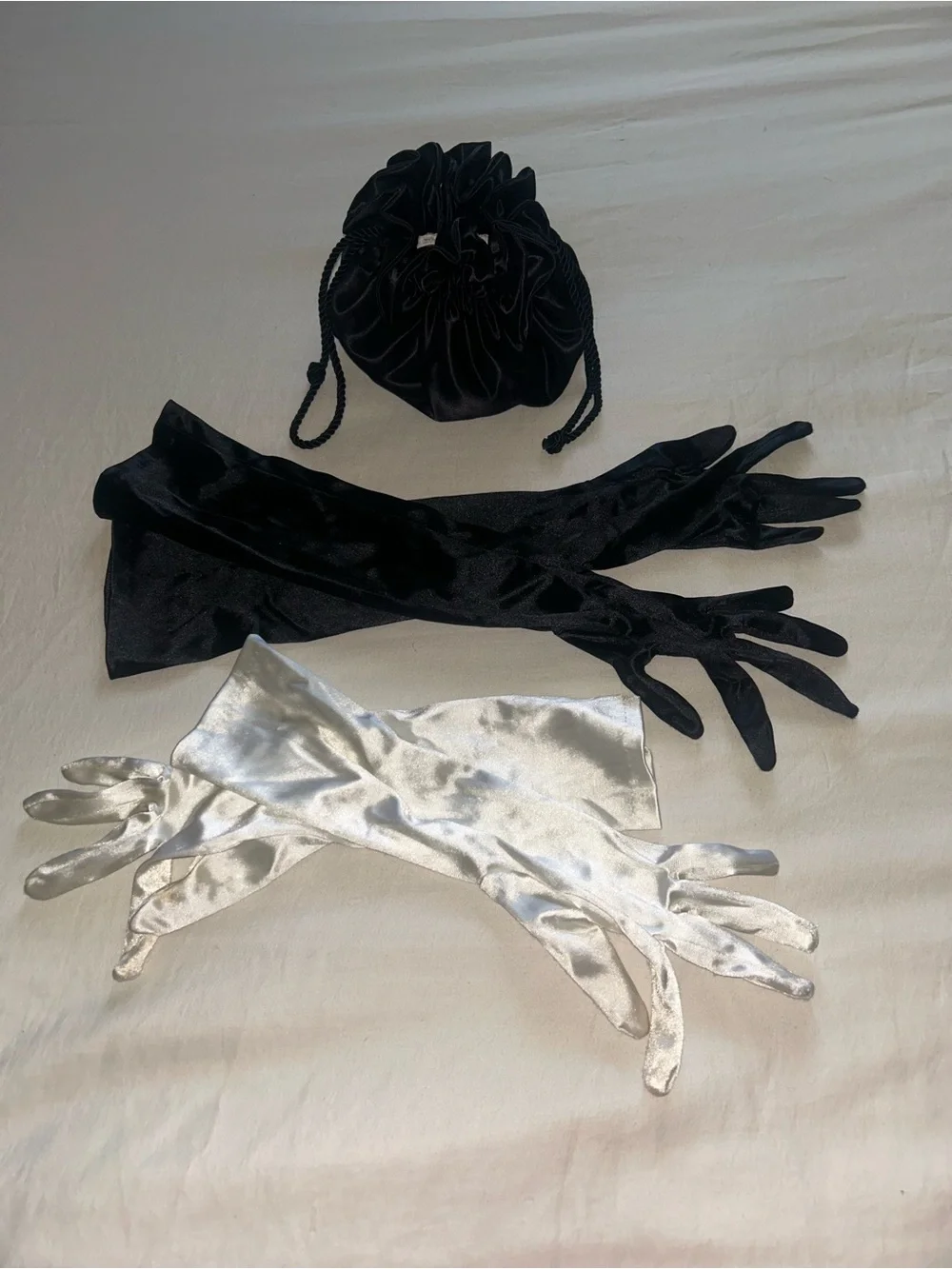 Black Satin Evening Drawstring Pouch W/ Two Elegant Evening Gloves